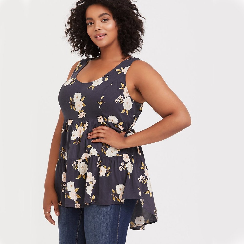 Slate Grey Lattice Back Floral Babydoll Tank